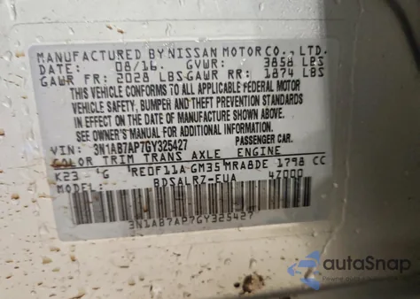 2016 Nissan Sentra S z USA, uszkodzony, nr VIN 3N1AB7AP7GY325427